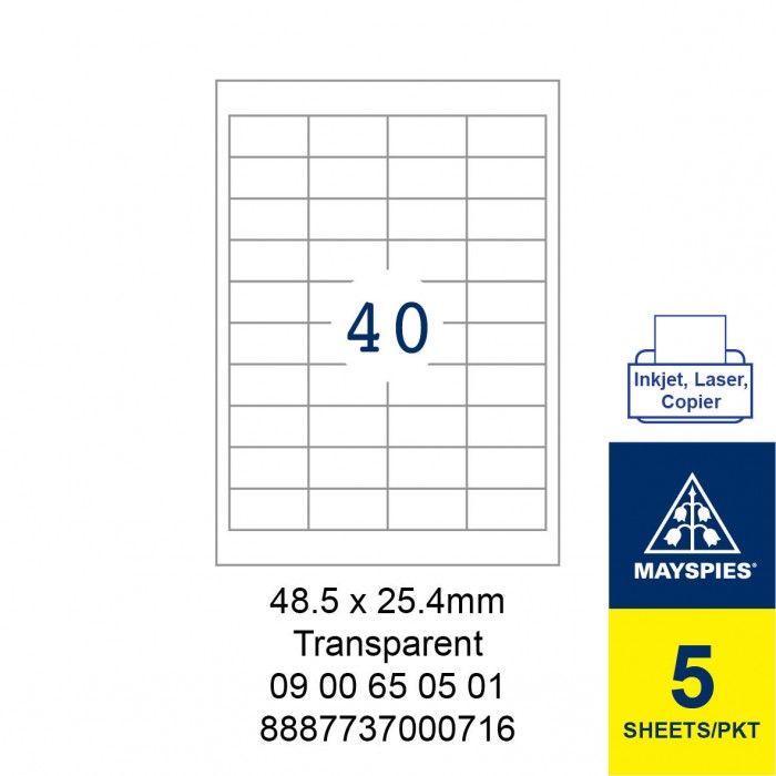 MAYSPIES 09 00 65 05 01 TRANSPARENT LABEL FOR INKJET / LASER / COPIER 5 SHEETS/PKT 48.5 X 25.4MM